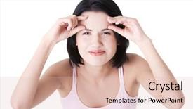  Presentation with first - Audience pleasing PPT layouts consisting of beautiful shocked woman checking her first wrinkles on forehead backdrop and a lemonade colored foreground