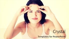  Presentation with first - Slide deck enhanced with beautiful shocked woman checking her first wrinkles on forehead background and a lemonade colored foreground