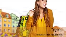  Presentation with mall - Audience pleasing PPT theme consisting of beautiful shopping woman at a draw mall backdrop and a gold colored foreground