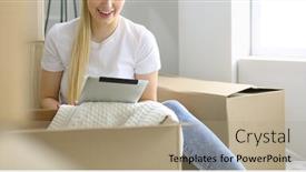  Presentation with new home - Audience pleasing PPT theme consisting of beautiful-single-young-woman-unpacking backdrop and a coral colored foreground