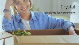  Presentation with new home - Slide deck having beautiful-single-young-woman-unpacking background and a light gray colored foreground