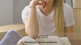  Presentation with new home - Slide set consisting of beautiful-single-young-woman-unpacking background and a coral colored foreground