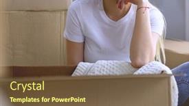  Presentation with new home - Presentation design featuring beautiful-single-young-woman-unpacking background and a  colored foreground