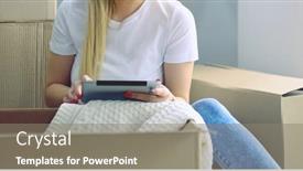  Presentation with new home - PPT layouts enhanced with beautiful-single-young-woman-unpacking background and a  colored foreground