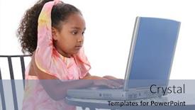  Presentation with bistro - Slide set having beautiful six year old child working on laptop sitting in summer dress at bistro table with laptop serious expression beautiful hair background and a seafoam green colored foreground