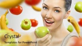  Presentation with children and healthy eating - Presentation theme with beautiful slender girl eating healthy background and a coral colored foreground