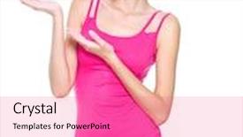  Presentation with upwards - Audience pleasing presentation consisting of beautiful slim woman posing in pink dress isolated on white with hands lifted upwards backdrop and a coral colored foreground