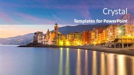  Presentation with time travel - PPT theme featuring beautiful-small-mediterranean-town-camogli background and a ocean colored foreground