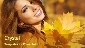  Presentation with autumn - Slides featuring beautiful smile - autumn woman on leafs background background and a tawny brown colored foreground
