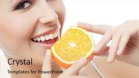  Presentation with eating - Audience pleasing slides consisting of beautiful smile - portrait of attractive caucasian smiling backdrop and a coral colored foreground