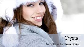  Presentation with snow day - Beautiful PPT theme featuring beautiful smile - snow winter woman portrait outdoors backdrop and a light blue colored foreground