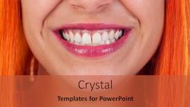  Presentation with caring - Colorful theme enhanced with beautiful smile of a redhead woman she is caring her teeth backdrop and a red colored foreground