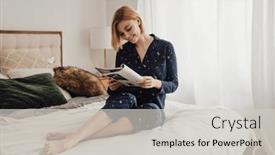  Presentation with apartment - Slide set consisting of beautiful-smiling-blonde-woman-dressed background and a light gray colored foreground