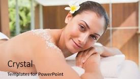  Presentation with table salt - Slide deck with beautiful smiling brunette lying on massage table with salt scrub on back in the health spa background and a coral colored foreground