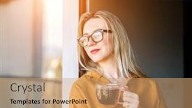  Presentation with social work - Audience pleasing presentation design consisting of beautiful-smiling-businesswoman-in-glasses backdrop and a coral colored foreground