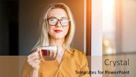  Presentation with social work - Presentation design featuring beautiful-smiling-businesswoman-in-glasses background and a coral colored foreground