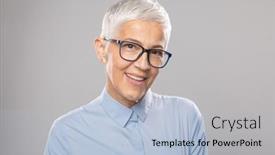  Presentation with cute - Colorful PPT theme enhanced with beautiful-smiling-cute-senior-businesswoman backdrop and a light blue colored foreground