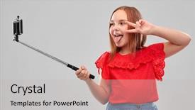  Presentation with red grey - PPT theme consisting of beautiful smiling girl in red background and a light gray colored foreground