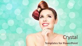  Presentation with haircut - PPT theme enhanced with beautiful smiling girl with a bow haircut and colorful make-up on bubble background background and a lemonade colored foreground