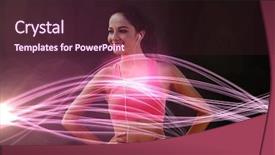  Presentation with laser light - Slide set having beautiful smiling healthy with earphones on beach against curved laser light design in pink background and a wine colored foreground