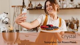  Presentation with pastry chef - Presentation design with beautiful-smiling-pastry-chef-woman background and a coral colored foreground