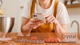  Presentation with pastry chef - Amazing PPT theme having beautiful-smiling-pastry-chef-woman backdrop and a red colored foreground