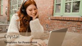  Presentation with laptop wireless - PPT theme having beautiful-smiling-redhead-girl background and a coral colored foreground