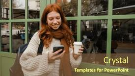  Presentation with takeaway coffee - Slide deck consisting of beautiful-smiling-redhead-woman-wearing background and a  colored foreground