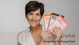  Presentation with masks - Slide deck with beautiful-smiling-senior-woman background and a coral colored foreground