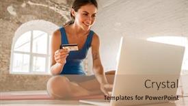  Presentation with credit card - Audience pleasing slides consisting of beautiful-smiling-sportswoman-using-credit backdrop and a coral colored foreground