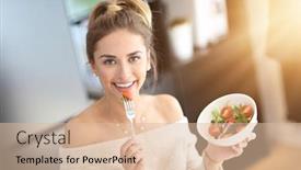  Presentation with vegetarian - PPT theme enhanced with beautiful smiling woman eating fresh organic vegetarian salad in modern kitchen background and a lemonade colored foreground