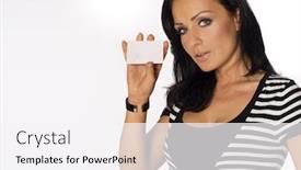  Presentation with membership - Presentation enhanced with beautiful smiling woman holding a membership card bank or credit card business card background and a white colored foreground