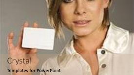  Presentation with membership - Slides featuring beautiful smiling woman holding a membership card bank card or credit card background and a coral colored foreground