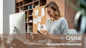  Presentation with text message - Beautiful PPT theme featuring beautiful smiling woman reading text backdrop and a violet colored foreground