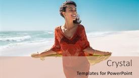  Presentation with green fashion - Cool new slides with beautiful-smiling-woman-walking backdrop and a coral colored foreground