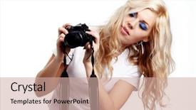  Presentation with digital - Audience pleasing theme consisting of beautiful smiling woman with digital camera isolated on white background backdrop and a coral colored foreground