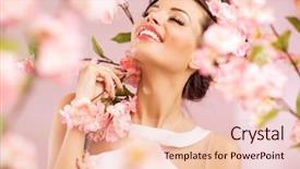  Presentation with beautiful spring flowers - Audience pleasing slide deck consisting of beautiful smiling woman with spring backdrop and a  colored foreground