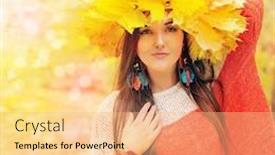  Presentation with maple leaves - Audience pleasing presentation theme consisting of beautiful smiling woman with wreath of maple leaves on a head bright sunny outdoor portrait backdrop and a coral colored foreground