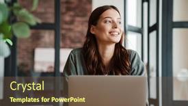  Presentation with laptop - PPT layouts having beautiful-smiling-woman-working and a tawny brown colored foreground