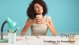  Presentation with takeaway coffee - Slide deck with beautiful smiling young african businesswoman casually dressed sitting at the desk isolated over blue background holding takeaway coffee cup background and a soft green colored foreground