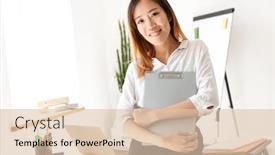  Presentation with binder - PPT layouts with beautiful smiling young asian businesswoman standing at her desk in office holding binder background and a lemonade colored foreground