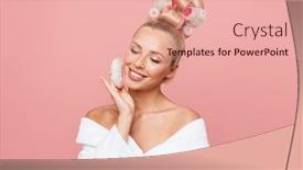  Presentation with powder - Audience pleasing presentation theme consisting of beautiful smiling young blonde girl wearing bathrobe standing isolated over pink background using powder puff backdrop and a coral colored foreground