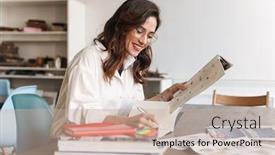  Presentation with taking notes - Colorful slide set enhanced with beautiful-smiling-young-brunette-woman backdrop and a soft green colored foreground