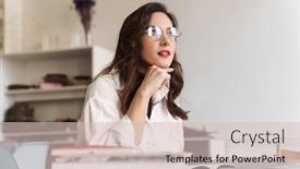  Presentation with taking notes - Audience pleasing PPT theme consisting of beautiful-smiling-young-brunette-woman backdrop and a soft green colored foreground