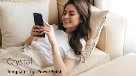  Presentation with mobile home - Slide deck consisting of beautiful-smiling-young-brunette-woman background and a soft green colored foreground