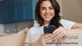  Presentation with mobile home - Beautiful PPT theme featuring beautiful-smiling-young-brunette-woman backdrop and a coral colored foreground