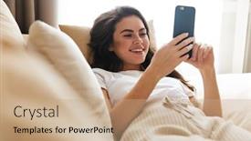  Presentation with mobile home - Audience pleasing theme consisting of beautiful-smiling-young-brunette-woman backdrop and a coral colored foreground