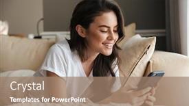  Presentation with mobile home - Colorful slide deck enhanced with beautiful-smiling-young-brunette-woman backdrop and a coral colored foreground