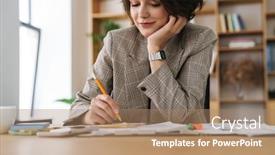  Presentation with taking notes - Colorful slide set enhanced with beautiful-smiling-young-businesswoman-sitting backdrop and a coral colored foreground