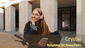  Presentation with wireless - PPT theme enhanced with beautiful-smiling-young-girl-listening background and a tawny brown colored foreground